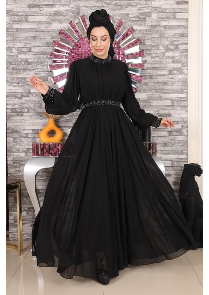 Taş Detaylı Şifon Abiye Siyah 19109