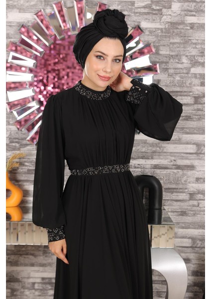 Taş Detaylı Şifon Abiye Siyah 19109 fiyatları