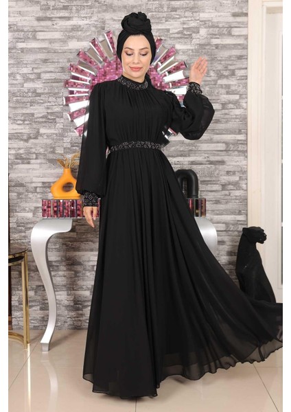 Taş Detaylı Şifon Abiye Siyah 19109 modelleri