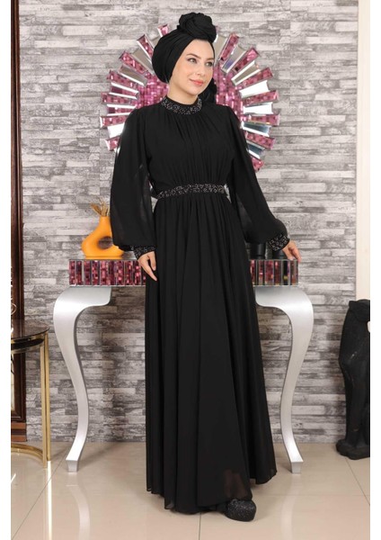 Taş Detaylı Şifon Abiye Siyah 19109 fırsatları