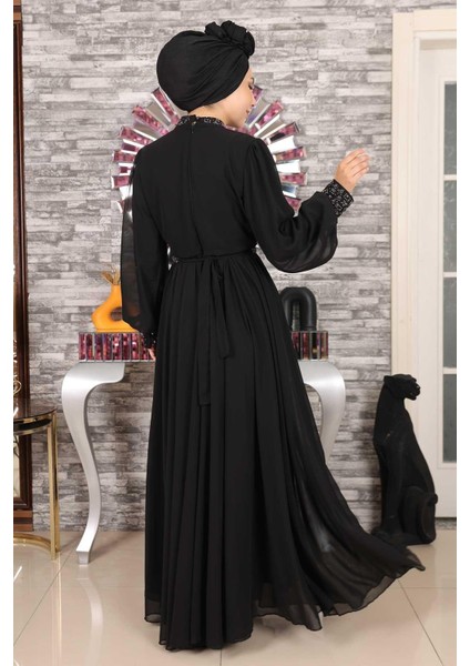 Taş Detaylı Şifon Abiye Siyah 19109 indirimleri