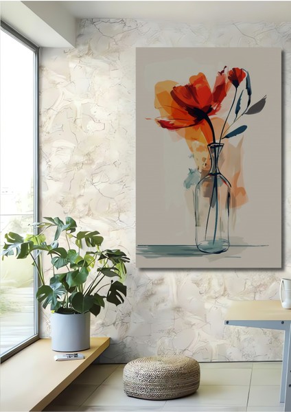 Ateş Kırmızısı Gelincik Buketi Sulu Boya Görünümlü Modern Sanat Ahşap Tablo Dikdörtgen Tablo