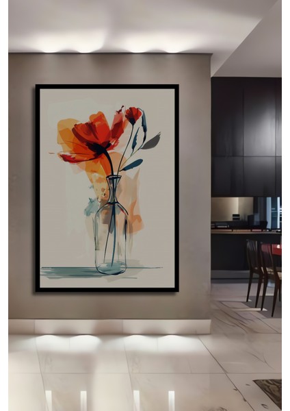 Ateş Kırmızısı Gelincik Buketi Sulu Boya Görünümlü Modern Sanat Ahşap Tablo Dikdörtgen Tablo fiyatları