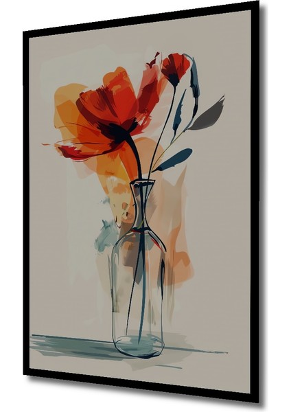 Ateş Kırmızısı Gelincik Buketi Sulu Boya Görünümlü Modern Sanat Ahşap Tablo Dikdörtgen Tablo indirimleri