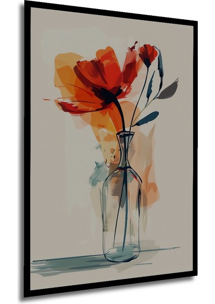 Ateş Kırmızısı Gelincik Buketi Sulu Boya Görünümlü Modern Sanat Ahşap Tablo Dikdörtgen Tablo