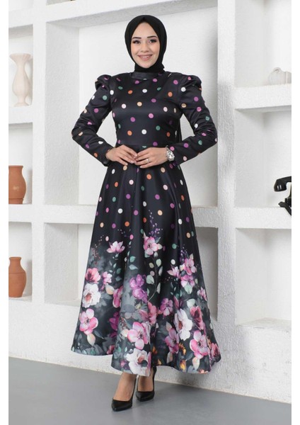 Çiçekli Puantiyeli Saten Abiye Siyah MSW12251 fırsatları