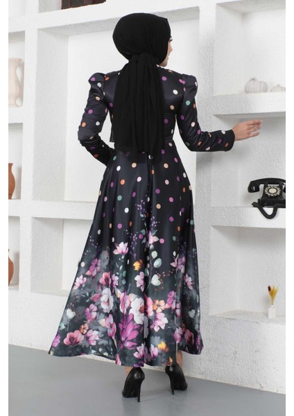 Çiçekli Puantiyeli Saten Abiye Siyah MSW12251 indirimleri