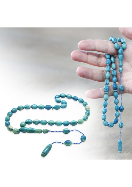 Sistemli Arpa Kesim Turkuaz Mavi Sıkma Kehribar Tesbih fiyatları