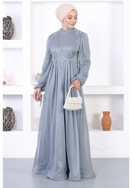 Incili Dantelli Simli Abiye Gri 12252
