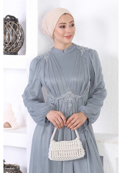 Incili Dantelli Simli Abiye Gri 12252 fiyatları