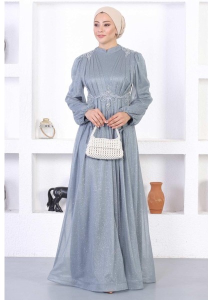 Incili Dantelli Simli Abiye Gri 12252 modelleri