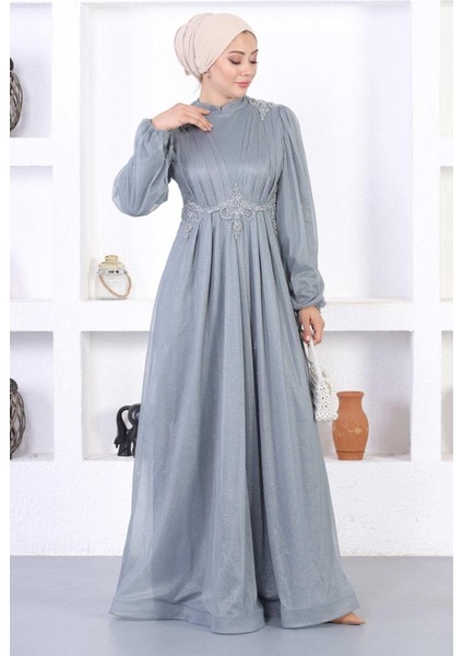 Incili Dantelli Simli Abiye Gri 12252 fırsatları