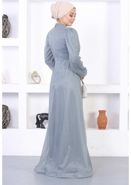 Incili Dantelli Simli Abiye Gri 12252 indirimleri