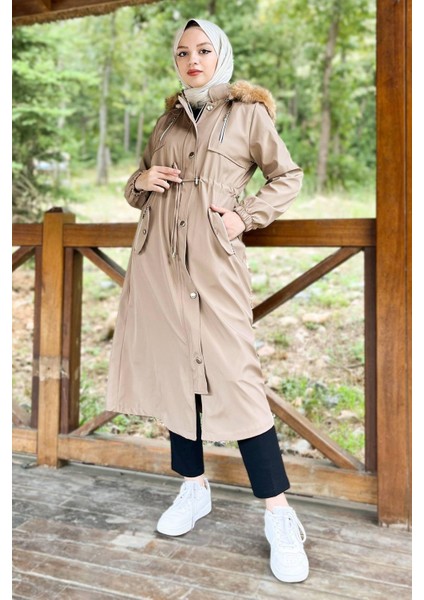 Kapşonlu Fermuarlı Mont Vizon 10349