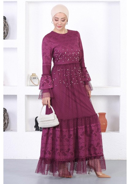 Incili Dantelli Volan Kol Abiye Mürdüm 12213 fırsatları