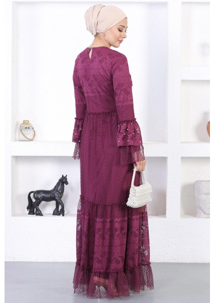 Incili Dantelli Volan Kol Abiye Mürdüm 12213 indirimleri