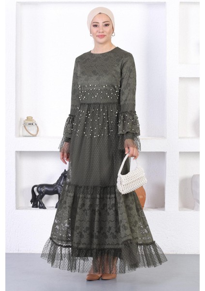 Incili Dantelli Volan Kol Abiye Haki 12213