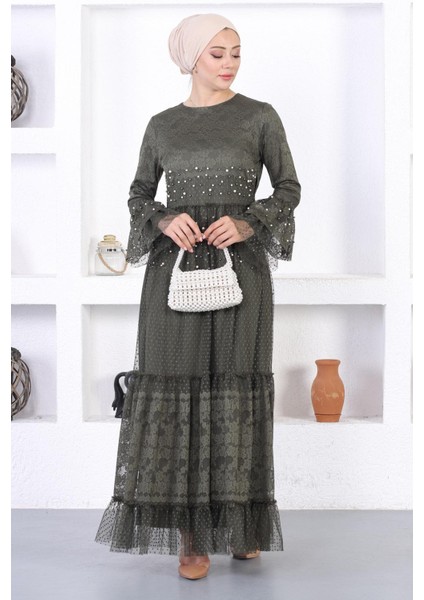 Incili Dantelli Volan Kol Abiye Haki 12213 modelleri