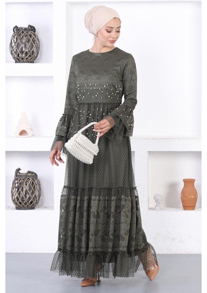 Incili Dantelli Volan Kol Abiye Haki 12213 fırsatları