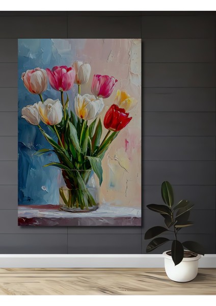 Renkli Lale Buketi Yağlı Boya Görünümlü Ahşap Dekoratif Tablo Dikdörtgen Tablo