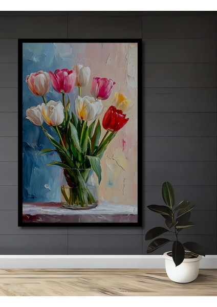 Renkli Lale Buketi Yağlı Boya Görünümlü Ahşap Dekoratif Tablo Dikdörtgen Tablo fiyatları
