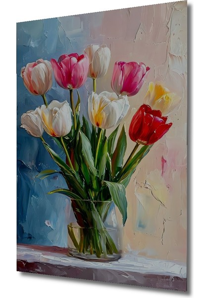 Renkli Lale Buketi Yağlı Boya Görünümlü Ahşap Dekoratif Tablo Dikdörtgen Tablo modelleri
