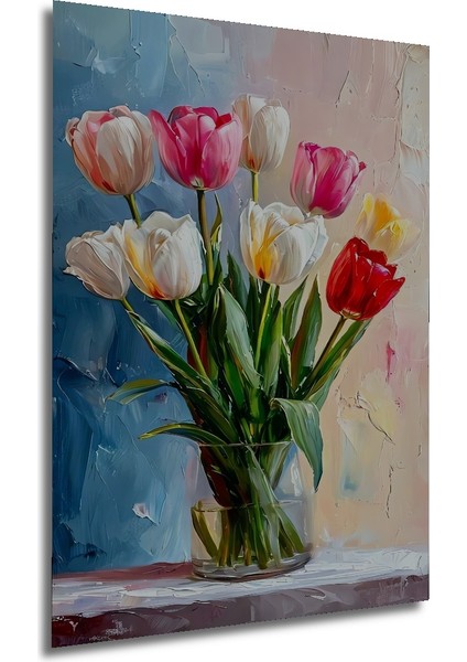 Renkli Lale Buketi Yağlı Boya Görünümlü Ahşap Dekoratif Tablo Dikdörtgen Tablo fırsatları