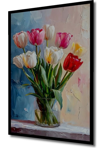 Renkli Lale Buketi Yağlı Boya Görünümlü Ahşap Dekoratif Tablo Dikdörtgen Tablo indirimleri