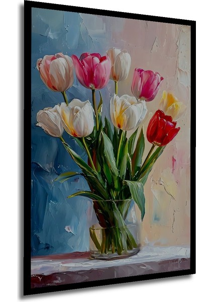 Renkli Lale Buketi Yağlı Boya Görünümlü Ahşap Dekoratif Tablo Dikdörtgen Tablo