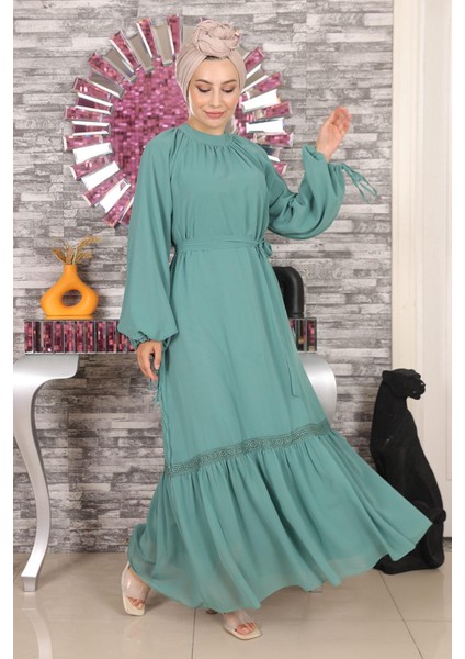 Dantel Detaylı Şifon Elbise Mint 19143 fırsatları