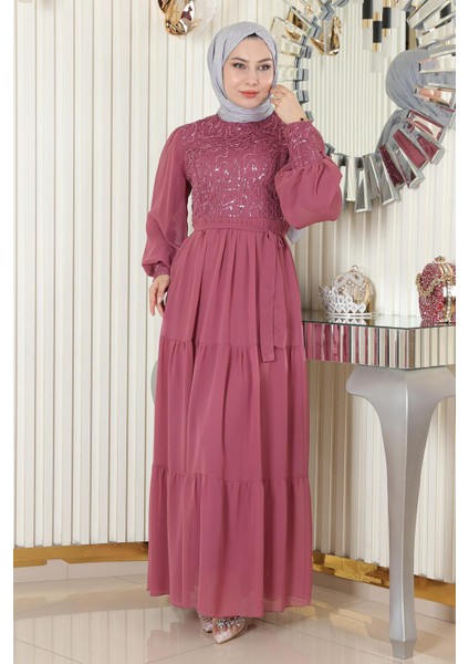 Pulpayetli Şifon Abiye Gül Kurusu 19187 modelleri