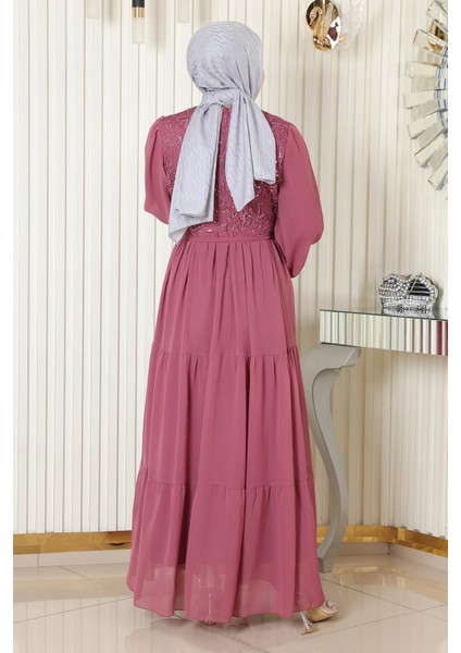 Pulpayetli Şifon Abiye Gül Kurusu 19187 fırsatları