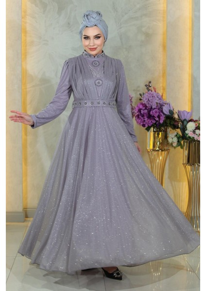 Taş Detaylı Göğsü Drapeli Simli Abiye Lila MSW19188