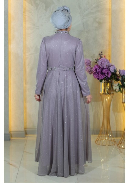 Taş Detaylı Göğsü Drapeli Simli Abiye Lila MSW19188 fırsatları