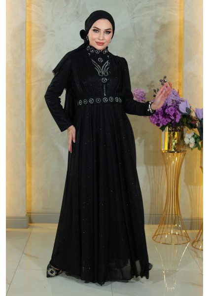 Taş Detaylı Göğsü Drapeli Simli Abiye Siyah MSW19188