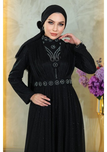 Taş Detaylı Göğsü Drapeli Simli Abiye Siyah MSW19188 fiyatları