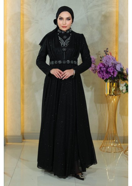 Taş Detaylı Göğsü Drapeli Simli Abiye Siyah MSW19188 modelleri