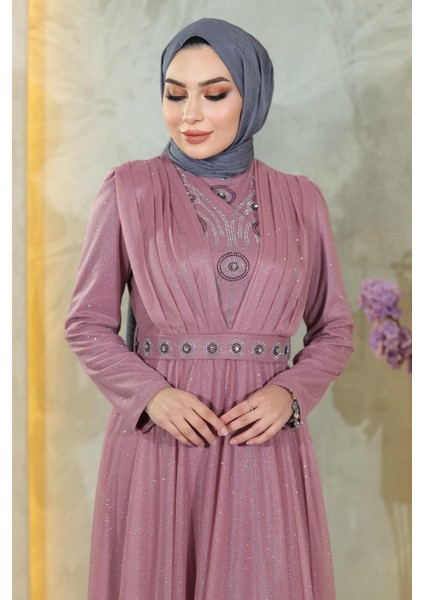 Taş Detaylı Göğsü Drapeli Simli Abiye Gül Kurusu MSW19188 fiyatları