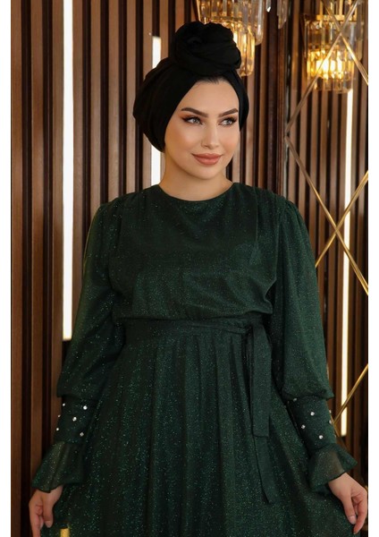 Taş Detaylı Simli Şifon Abiye Zümrüt 19113 fiyatları