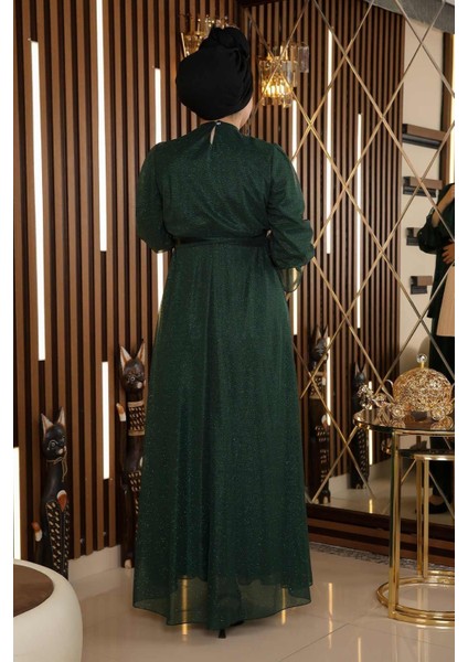 Taş Detaylı Simli Şifon Abiye Zümrüt 19113 indirimleri