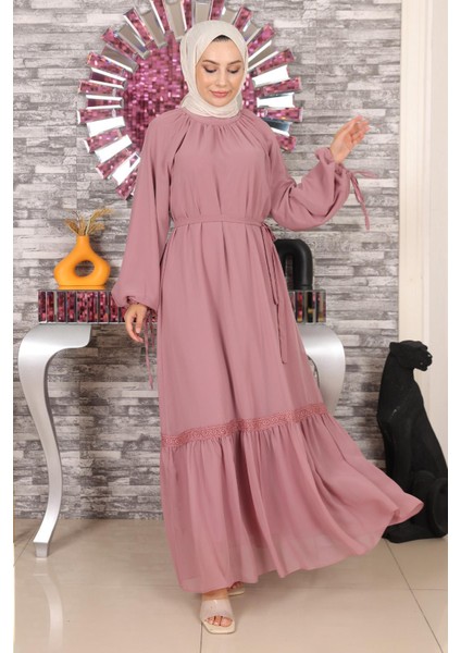 Dantel Detaylı Şifon Abiye Gül Kurusu 19143