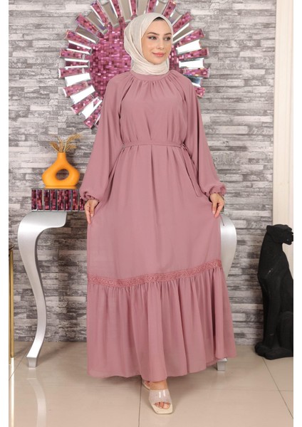 Dantel Detaylı Şifon Abiye Gül Kurusu 19143 fırsatları