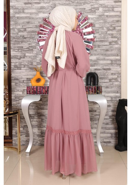 Dantel Detaylı Şifon Abiye Gül Kurusu 19143 indirimleri