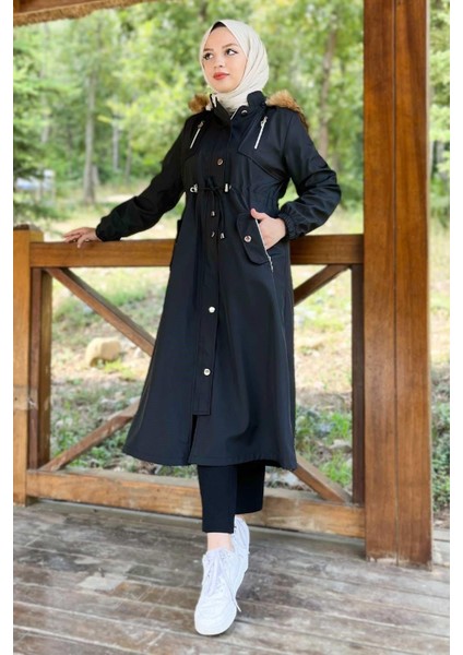 Kapşonlu Fermuarlı Mont Siyah 10349 fırsatları