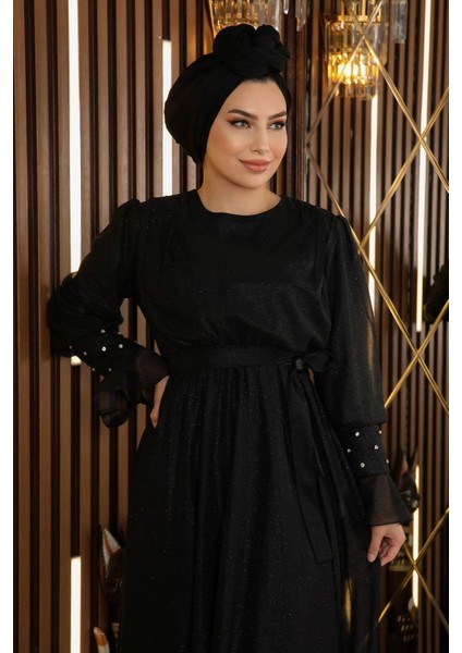 Taş Detaylı Simli Şifon Abiye Siyah 19113 fiyatları