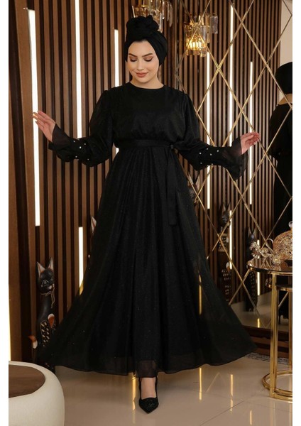 Taş Detaylı Simli Şifon Abiye Siyah 19113 modelleri