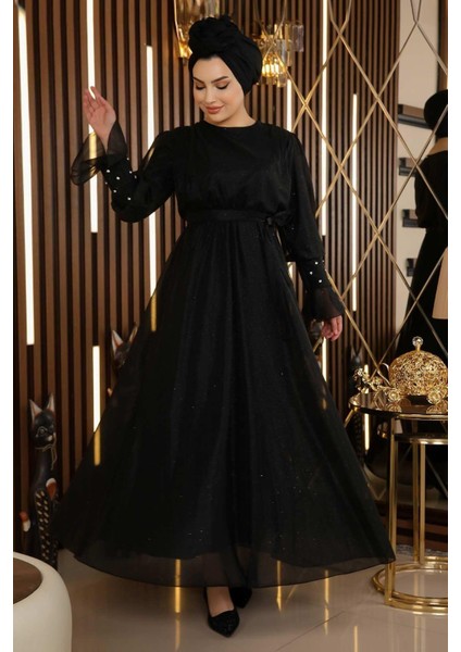 Taş Detaylı Simli Şifon Abiye Siyah 19113 fırsatları