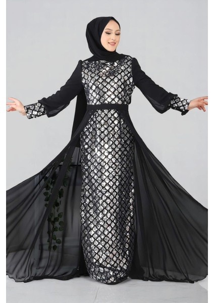 Pulpayetli Şifon Abiye Gümüş MSW9819