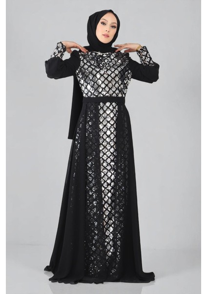 Pulpayetli Şifon Abiye Gümüş MSW9819 modelleri