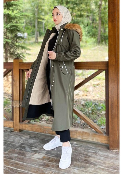 Kapşonlu Fermuarlı Mont Haki 10349